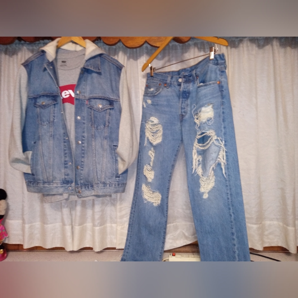 Levi's denim outfit paired with grey Levi's shirt